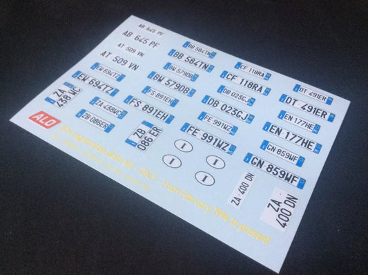 1994-PRESENT ITALIAN REGISTRATION PLATES 1:24 DECALS - FOR 15 CARS