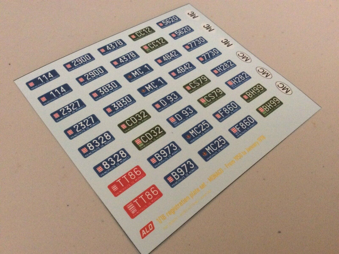 1950-1978 MONACO REGISTRATION PLATES 1:18 DECALS - FOR 20 CARS