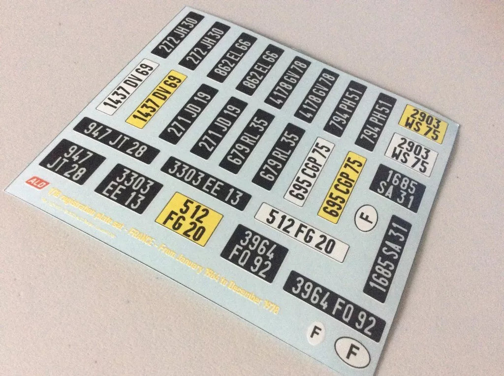 1964-1978 FRENCH REGISTRATION PLATES 1:87, 1:43, 1:24, 1:18 DECALS - FOR 14 CARS