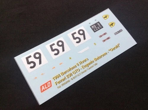 1968 BARCELONA 6 HOURS #59 FERRARI 250 GTO EUGENIO BATURONE/"GERALD" 1:43, 1:24, 1:18 DECALS