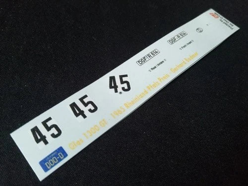 1965 RHEINLAND-PFALZ-RENNEN, NÜRBURGRING #45 GLAS 1300 GT GERHARD BODMER 1:43 DECALS