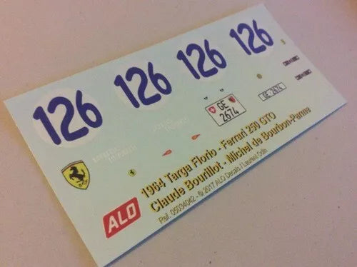 1964 TARGA FLORIO #126 FERRARI 250 GTO CLAUDE BOURILLOT/MICHEL DE BOURBON-PARME 1:43, 1:24, 1:18, 1:8 DECALS