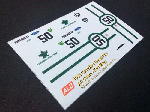 1963 CANADIAN GP #50 AC SHELBY COBRA KEN MILES 1:43, 1:24 DECALS