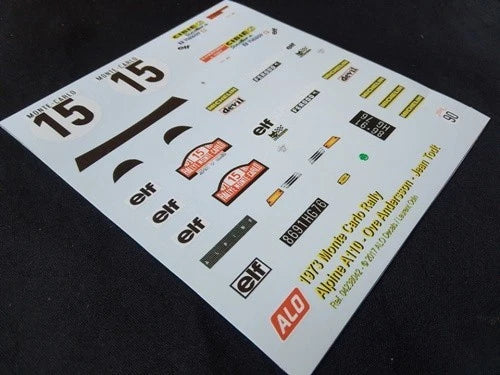 1973 MONTE CARLO RALLY # 15 ALPINE A110 OVE ANDERSSON/JEAN TODT 1:43, 1:24 DECALS