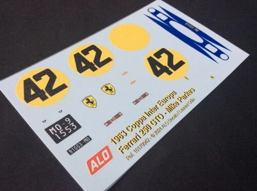 1963 COPPA INTER-EUROPA, MONZA #42 FERRARI 250 GTO MIKE PARKES 1:43, 1:24, 1:18 DECALS