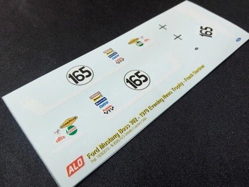 1970 EVENING NEWS TROPHY, BRANDS HATCH #165 FORD MUSTANG BOSS FRANK GARDNER 1:43, 1:24 DECALS