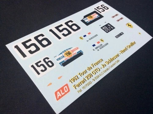 1962 TOUR DE FRANCE #156 FERRARI 250 GTO JO SCHLESSER/HENRI OREILLER 1:43, 1:24, 1:18 DECALS