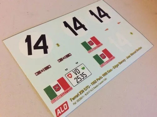 1962 PARIS 1000 KMS #14 FERRARI 250 GTO EDGAR BERNEY/JUAN MANUEL BORDEU 1:43, 1:24, 1:18 DECALS